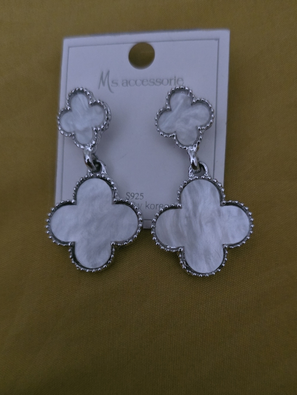 White Mother-of-Pearl Clover Drop Post Earrings with Silver Trim, Brand New.